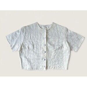 Vintage 1950s Jubilee New York White Brocade Cropped Blouse Button Front Short S